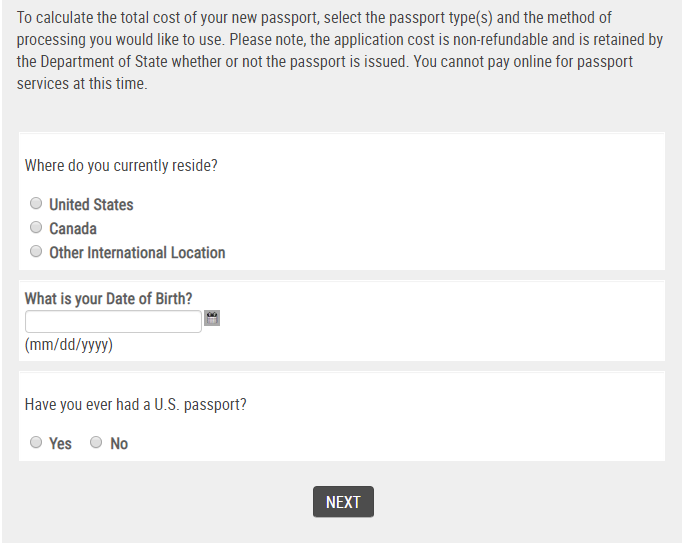 Fee calculator for US passport